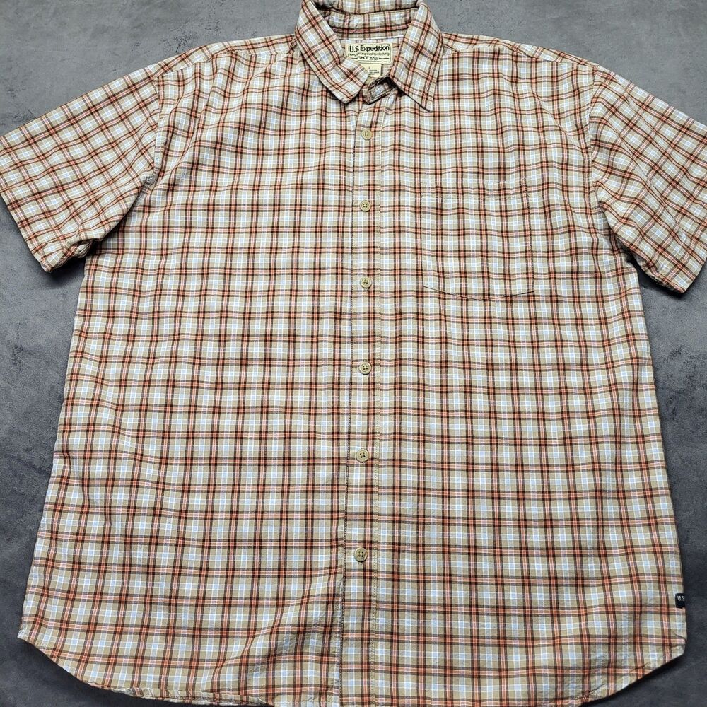 Men's U. S. Expedition Tan Plaid Button Down Short Sleeve  Size L 100% Cotton